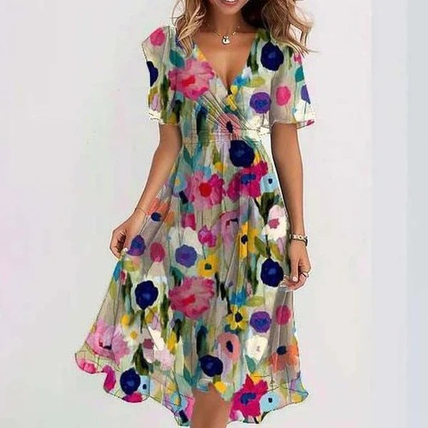 Tavira | Women's Floral Wrap Midi Dress with Tie Belt and Short Sleeve