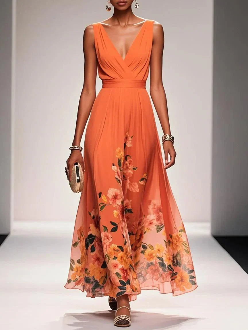 Marcea | Women's Floral Chiffon V Neck Maxi Dress with Belt