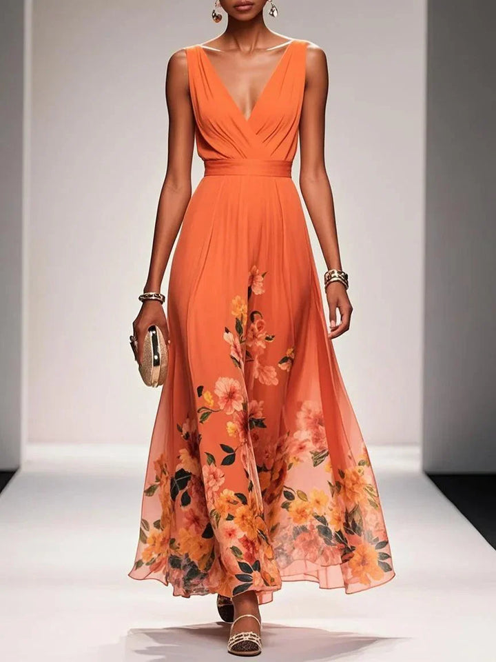 Marcea | Women's Floral Chiffon V Neck Maxi Dress with Belt