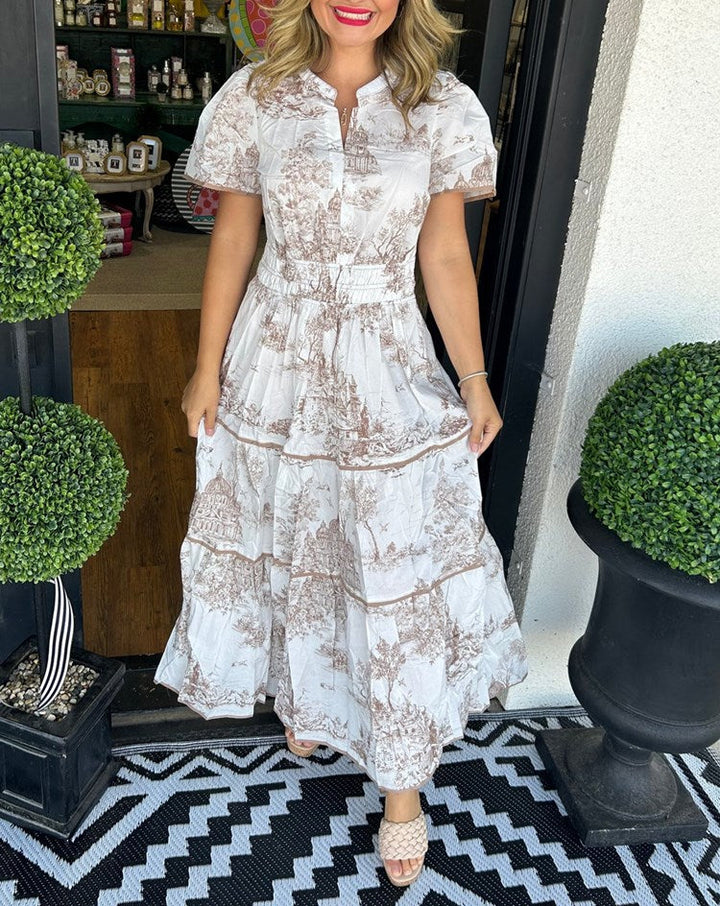 Toulise | Women's Toile Print Maxi Dress with Short Sleeve