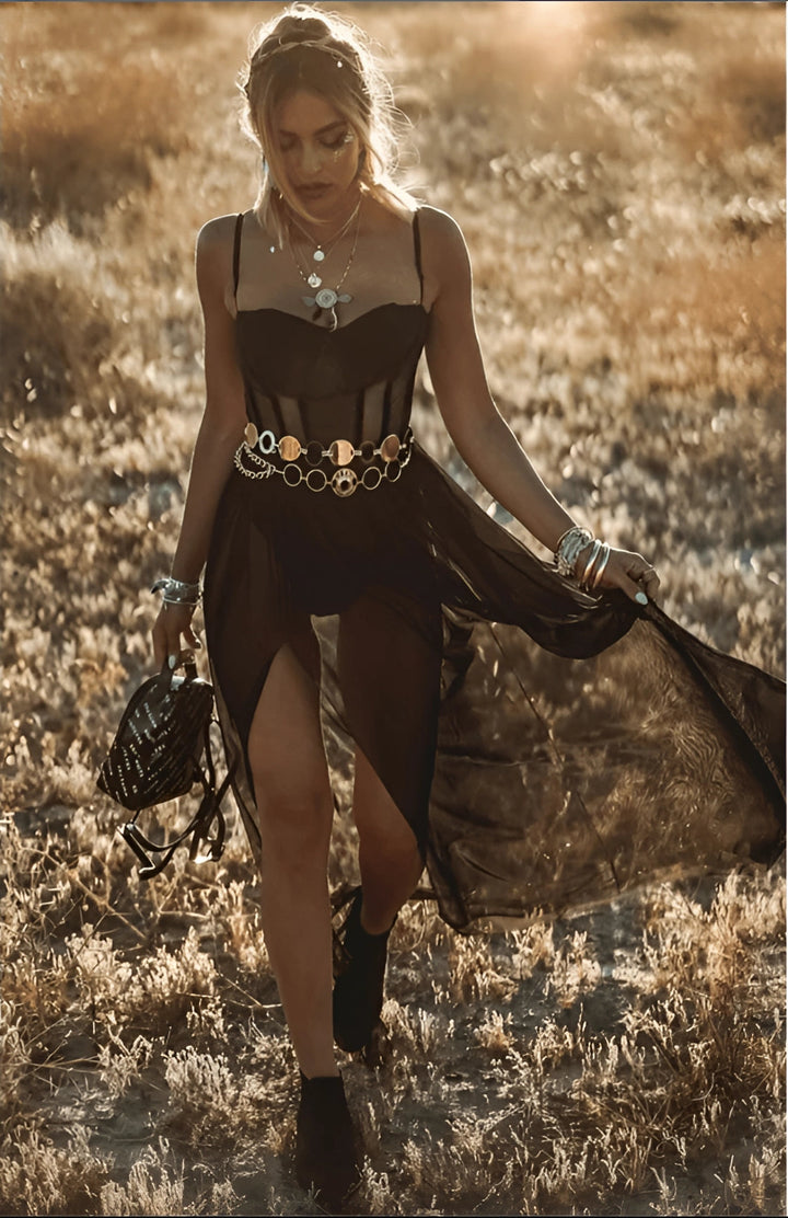Louisana | Women’s Sheer Overlay Boho Dress with Front Slit