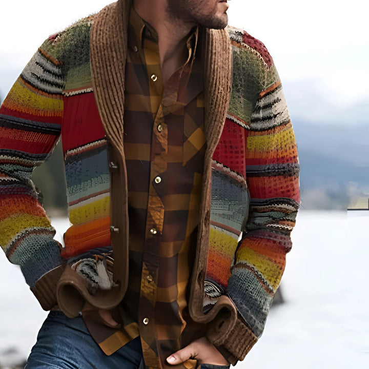 Alaric | Men's Multicolor Striped Cardigan with Shawl Collar
