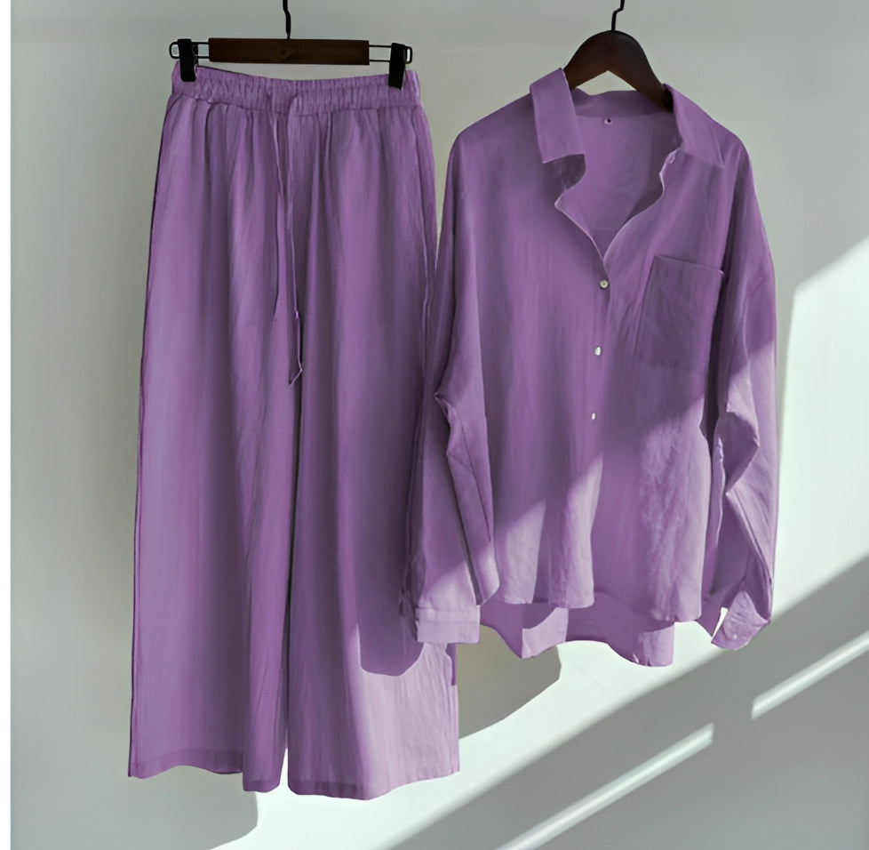 Megan | Women' Cotton Pajama Set with Button-Up Shirt and Elastic Waist Pants