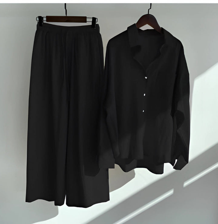 Megan | Women' Cotton Pajama Set with Button-Up Shirt and Elastic Waist Pants