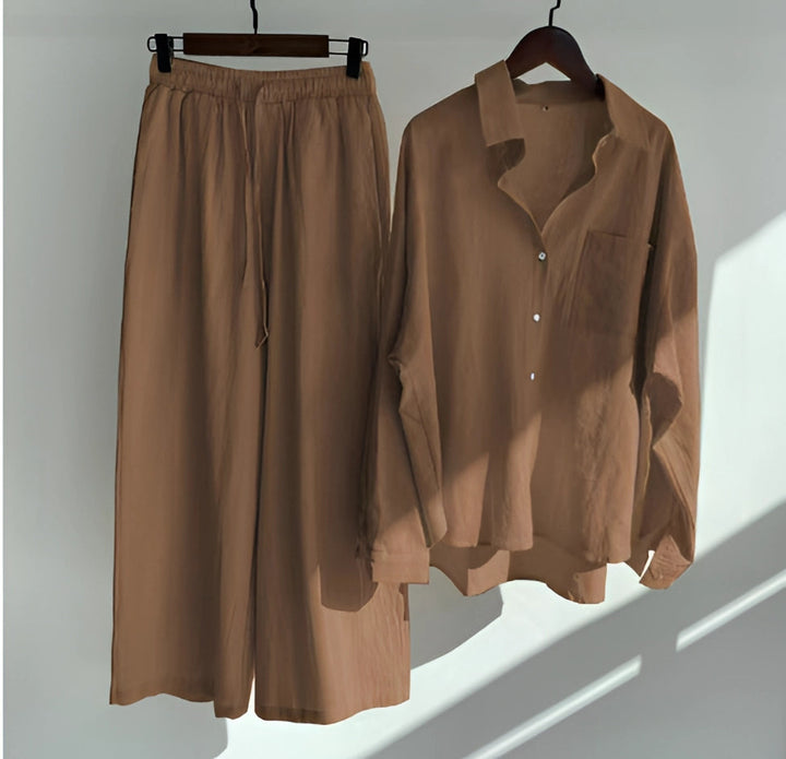 Megan | Women' Cotton Pajama Set with Button-Up Shirt and Elastic Waist Pants