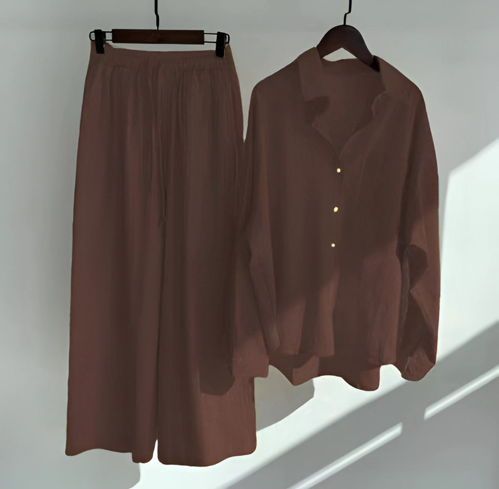 Megan | Women' Cotton Pajama Set with Button-Up Shirt and Elastic Waist Pants