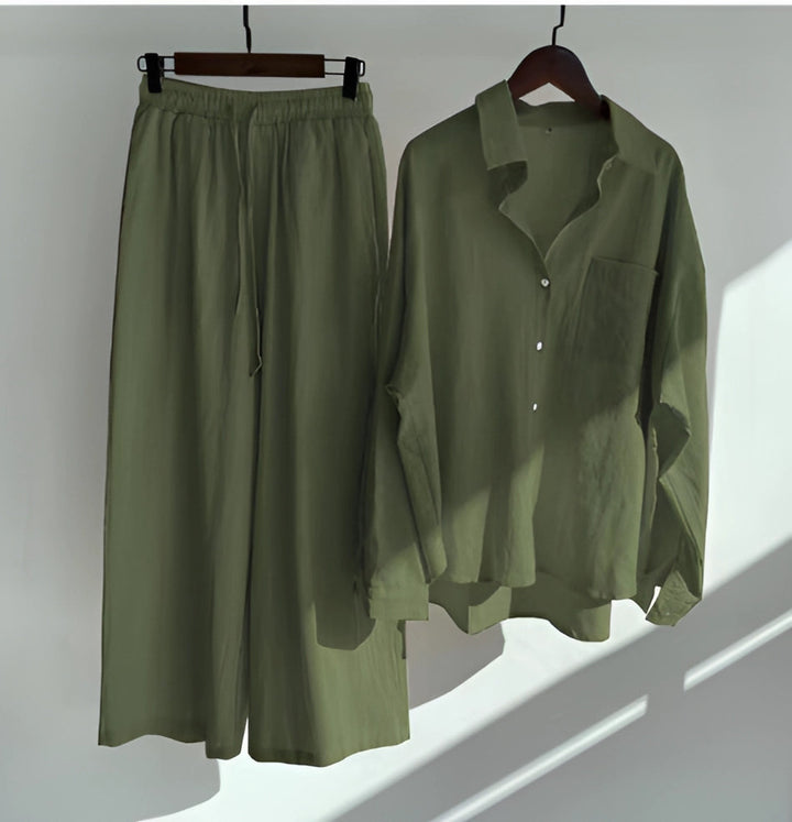 Megan | Women' Cotton Pajama Set with Button-Up Shirt and Elastic Waist Pants