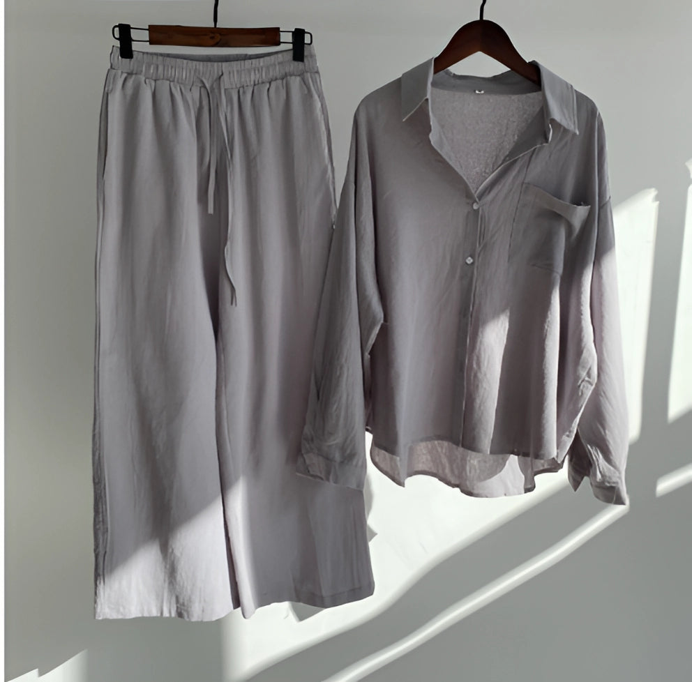 Megan | Women' Cotton Pajama Set with Button-Up Shirt and Elastic Waist Pants