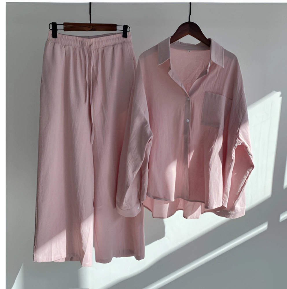 Megan | Women' Cotton Pajama Set with Button-Up Shirt and Elastic Waist Pants