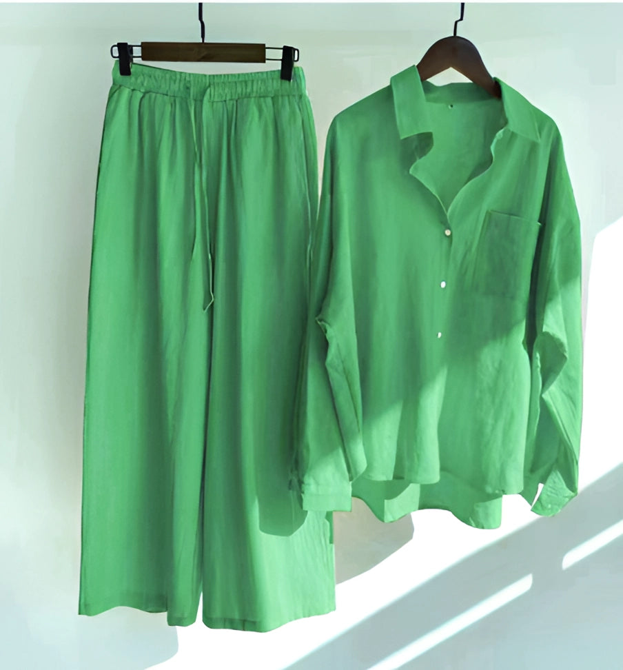 Megan | Women' Cotton Pajama Set with Button-Up Shirt and Elastic Waist Pants