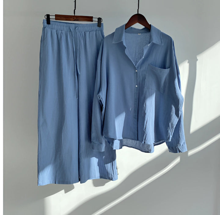 Megan | Women' Cotton Pajama Set with Button-Up Shirt and Elastic Waist Pants