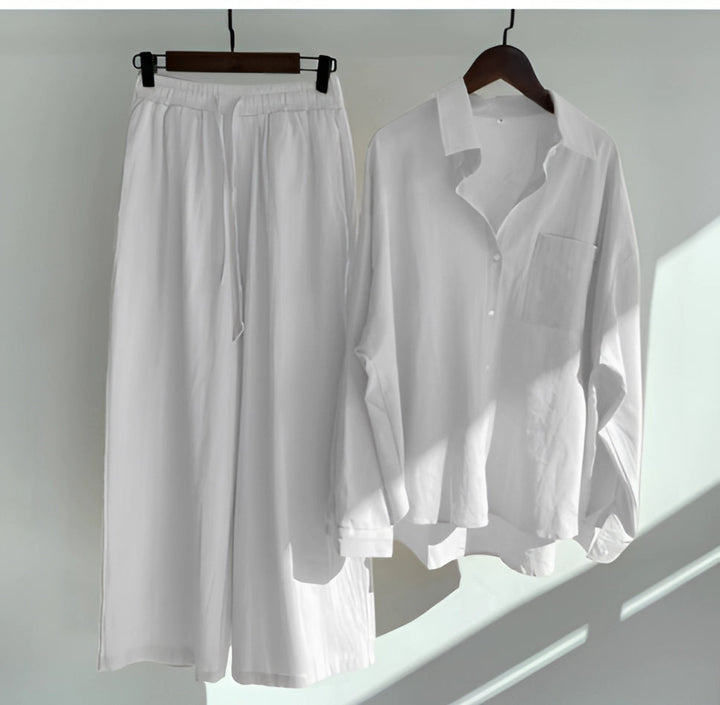 Megan | Women' Cotton Pajama Set with Button-Up Shirt and Elastic Waist Pants