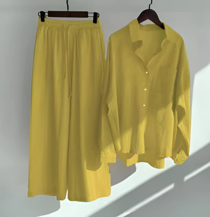 Megan | Women' Cotton Pajama Set with Button-Up Shirt and Elastic Waist Pants