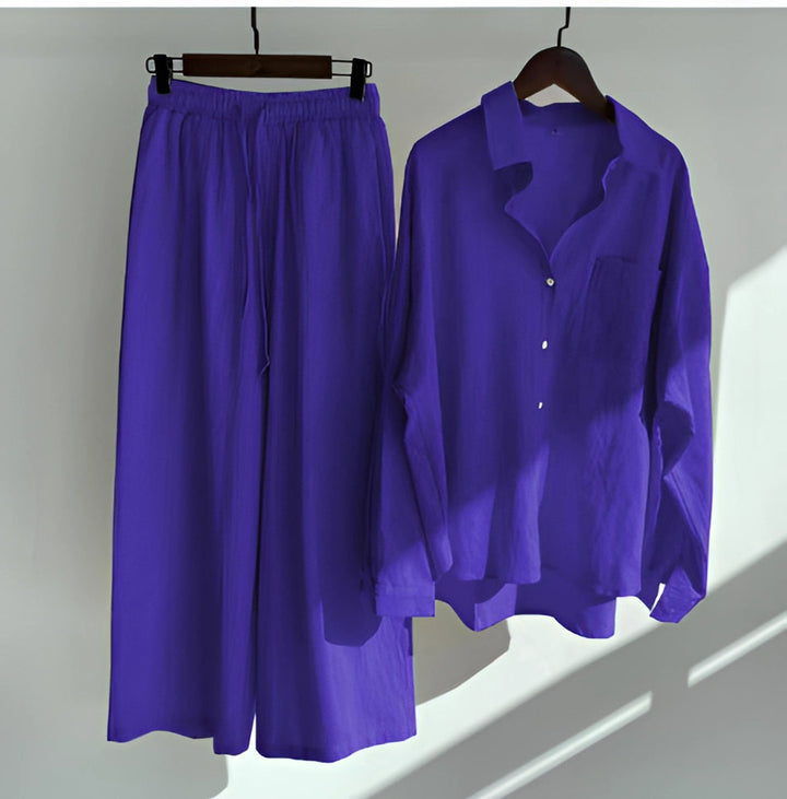 Megan | Women' Cotton Pajama Set with Button-Up Shirt and Elastic Waist Pants