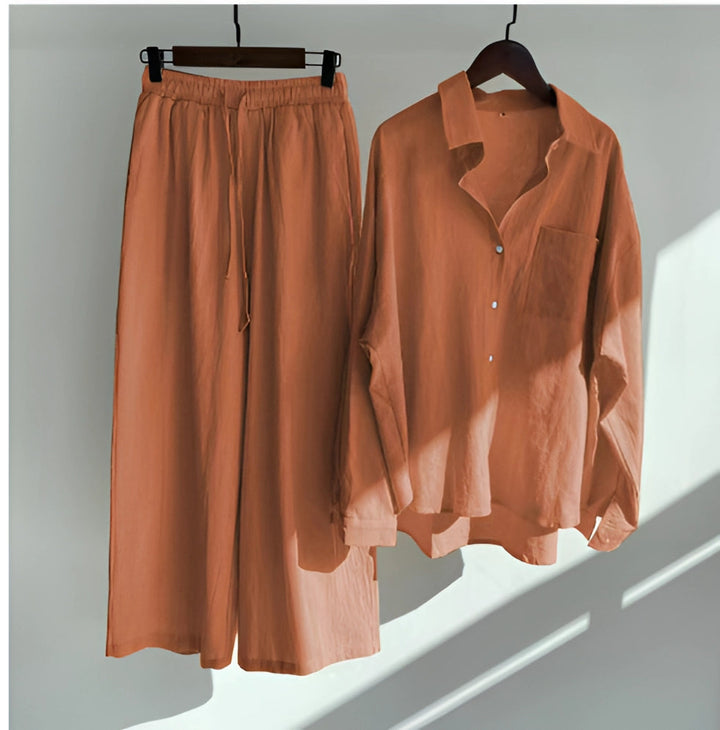 Megan | Women' Cotton Pajama Set with Button-Up Shirt and Elastic Waist Pants