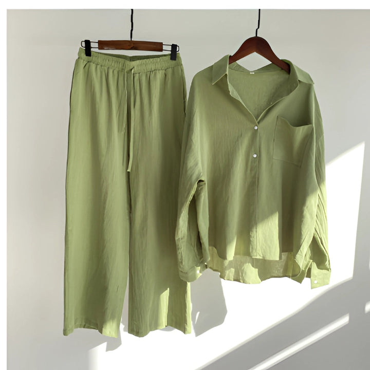 Megan | Women' Cotton Pajama Set with Button-Up Shirt and Elastic Waist Pants