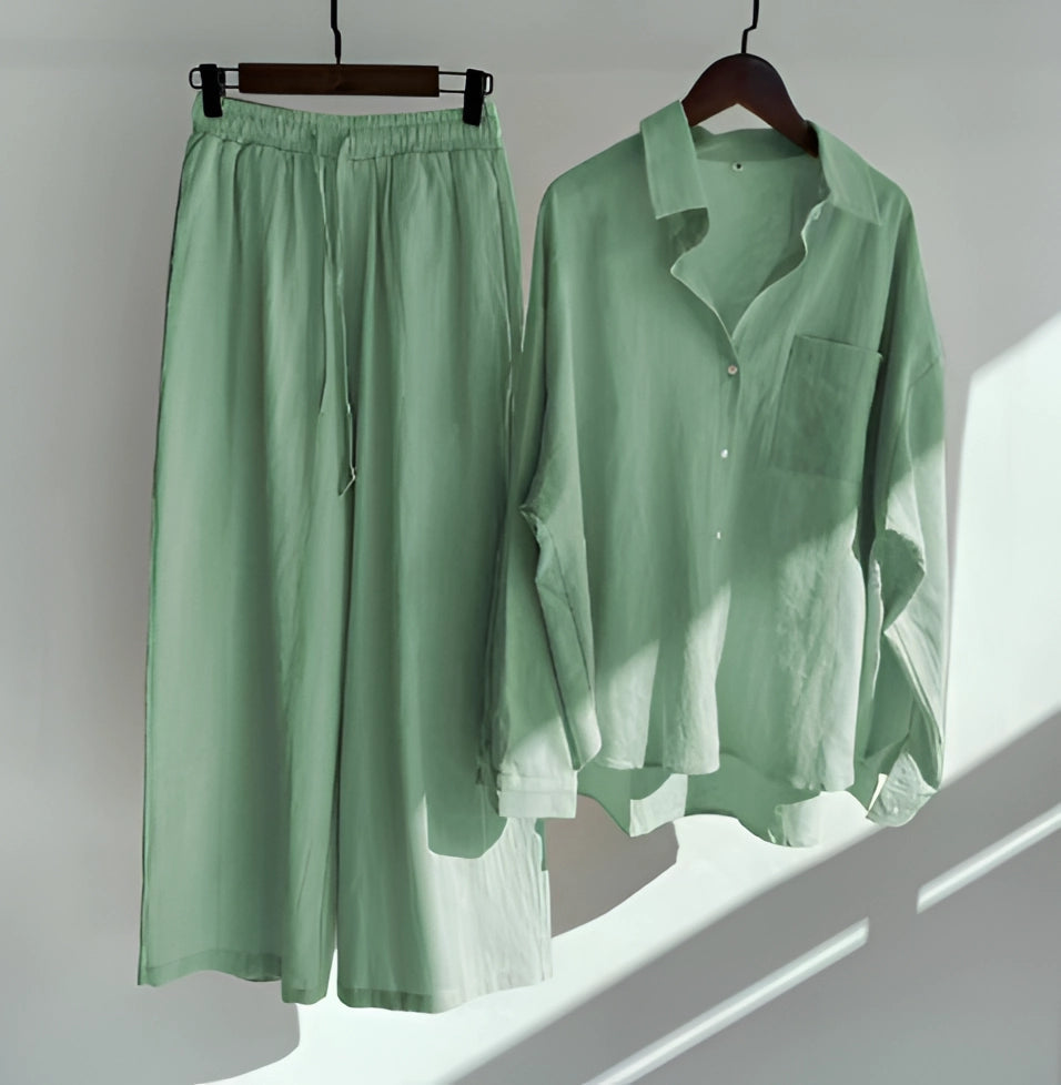 Megan | Women' Cotton Pajama Set with Button-Up Shirt and Elastic Waist Pants