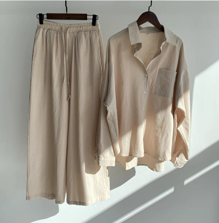 Megan | Women' Cotton Pajama Set with Button-Up Shirt and Elastic Waist Pants