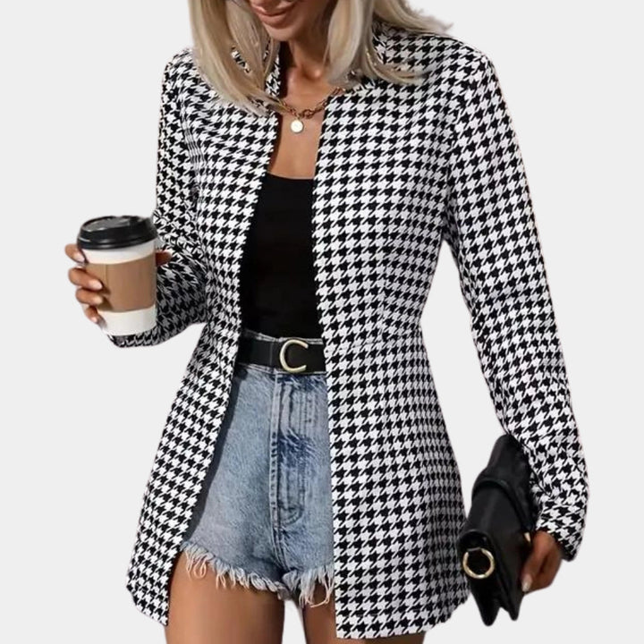 Women's Black & White Houndstooth Blazer - Trendy Office Jacket