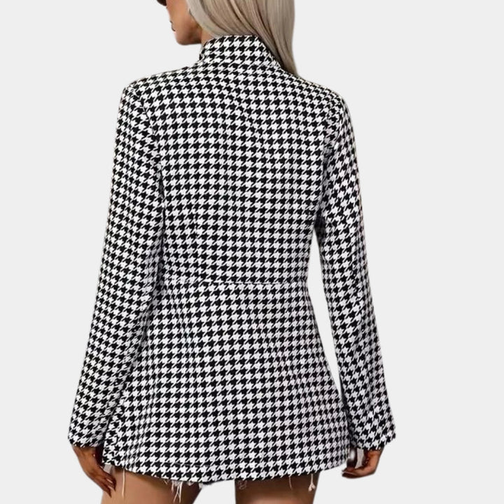 Women's Black & White Houndstooth Blazer - Trendy Office Jacket
