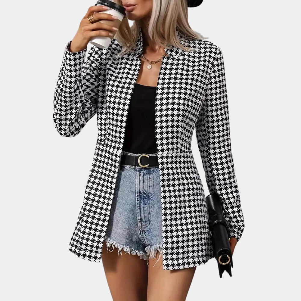 Women's Black & White Houndstooth Blazer - Trendy Office Jacket