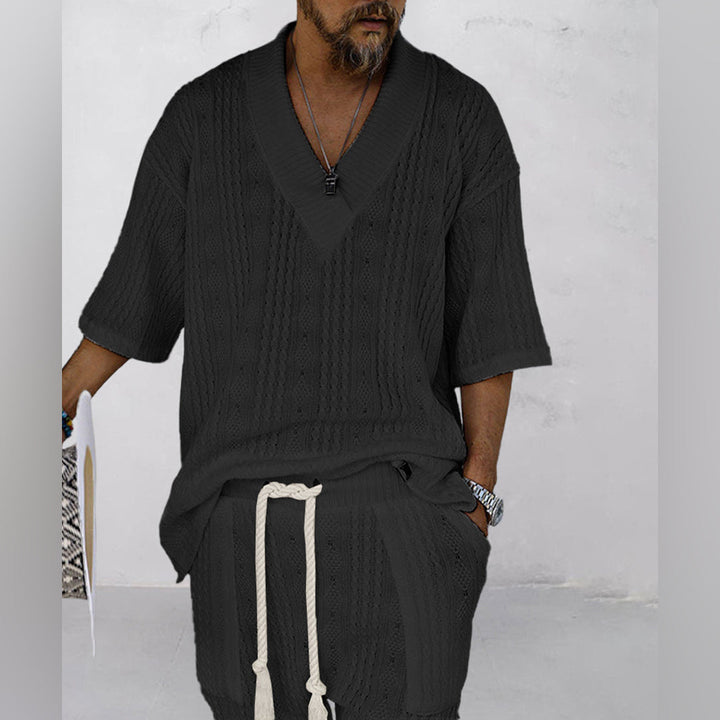 Merrick | Knit V Neck Shirt and Drawstring Shorts Set