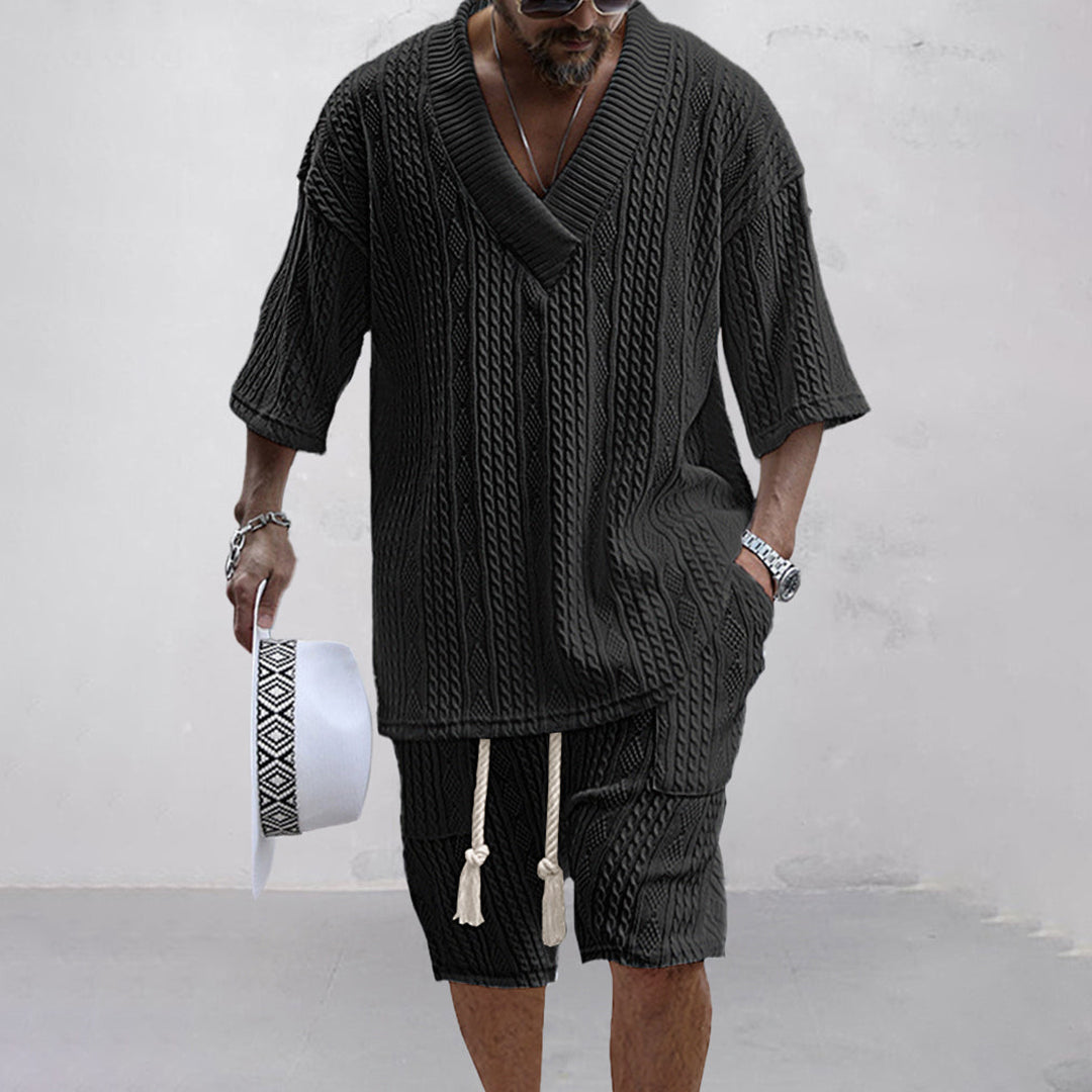 Merrick | Knit V Neck Shirt and Drawstring Shorts Set