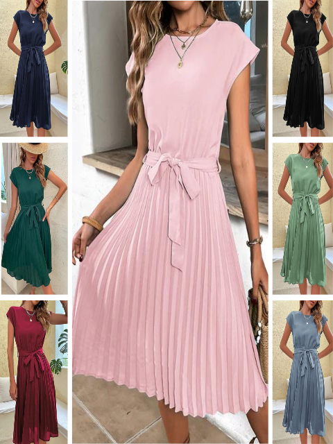 Arlena | Women’s Short Sleeve Pleated Midi Dress with Belt