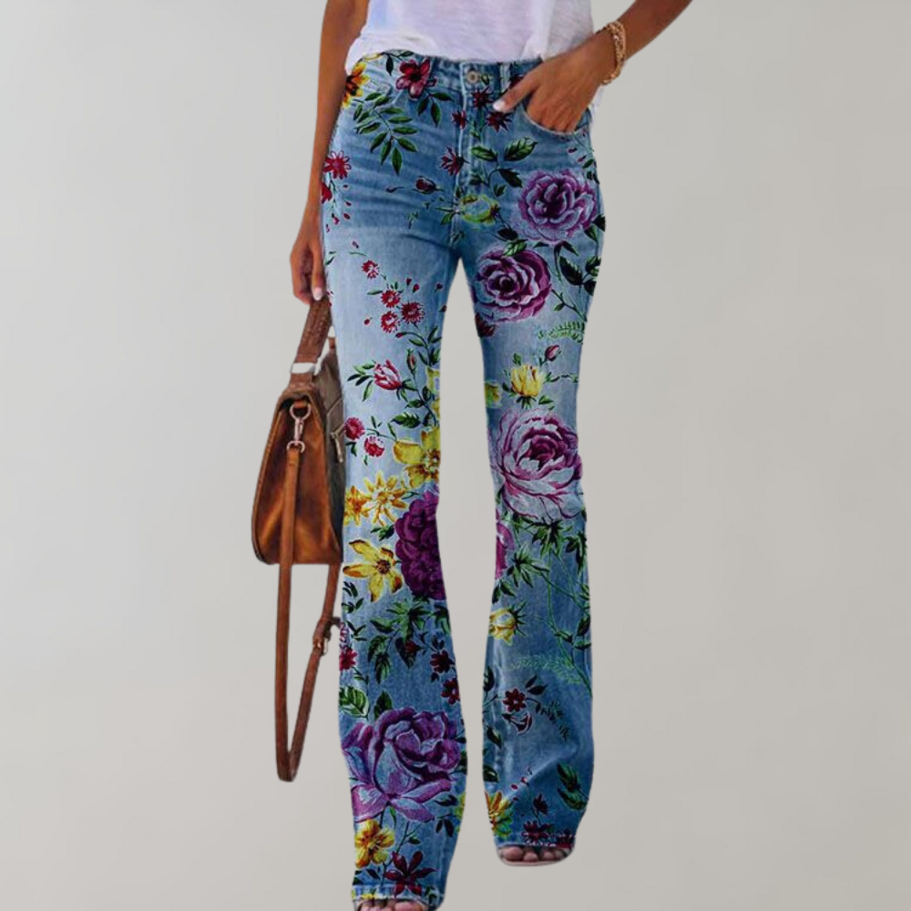 Wilanie | Women's Denim Flared Pants with Floral Design