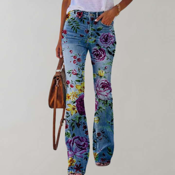 Wilanie | Women's Denim Flared Pants with Floral Design