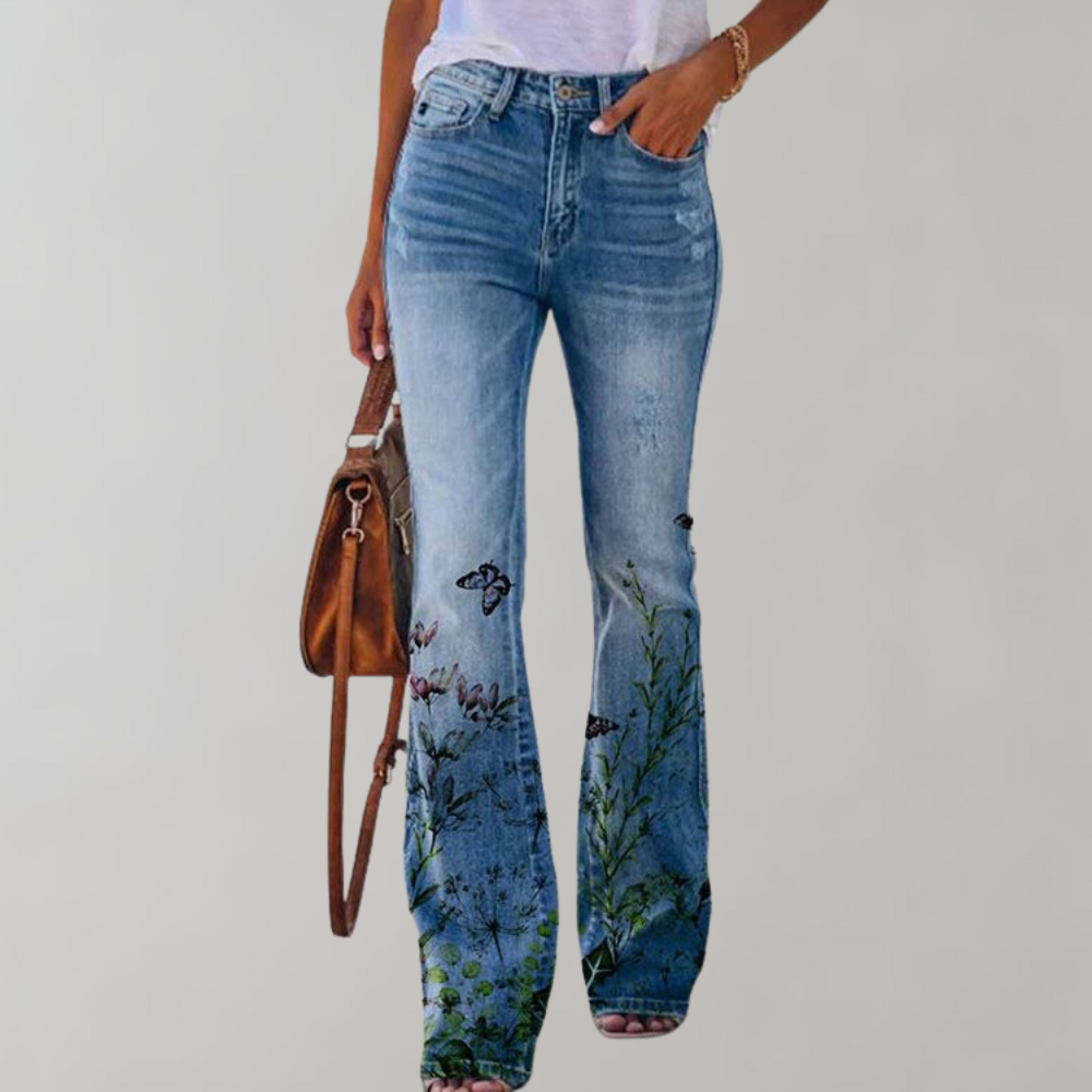 Wilanie | Women's Denim Flared Pants with Floral Design