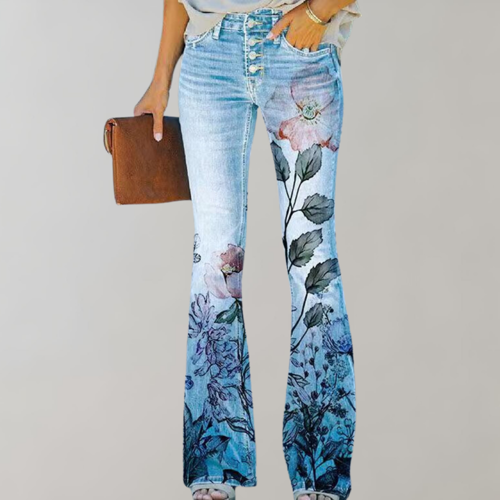 Wilanie | Women's Denim Flared Pants with Floral Design