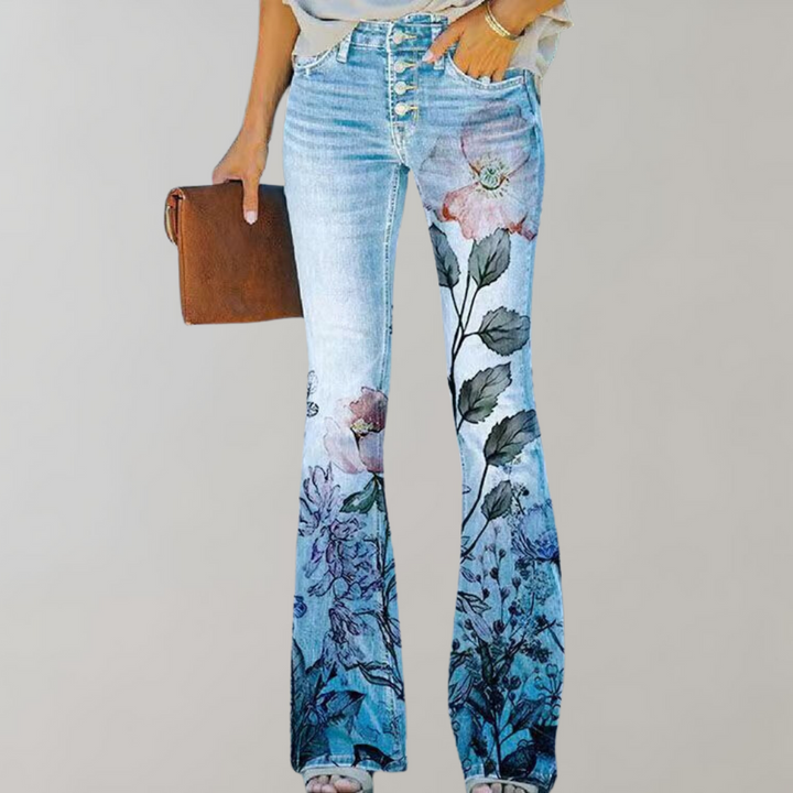 Wilanie | Women's Denim Flared Pants with Floral Design