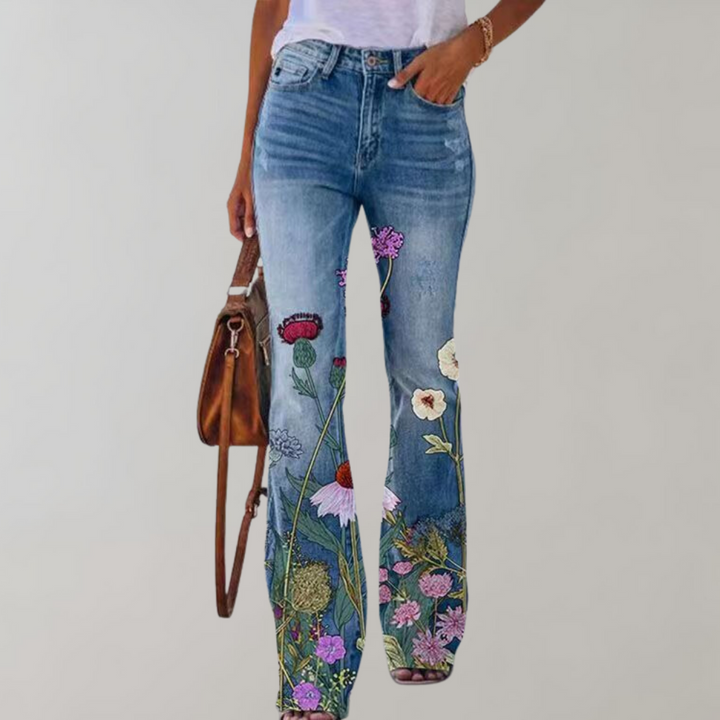 Wilanie | Women's Denim Flared Pants with Floral Design