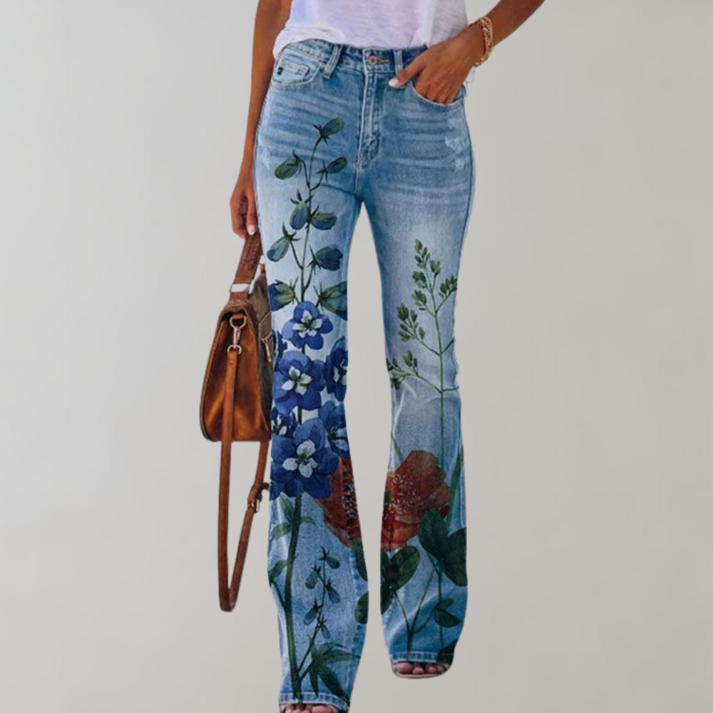 Wilanie | Women's Denim Flared Pants with Floral Design