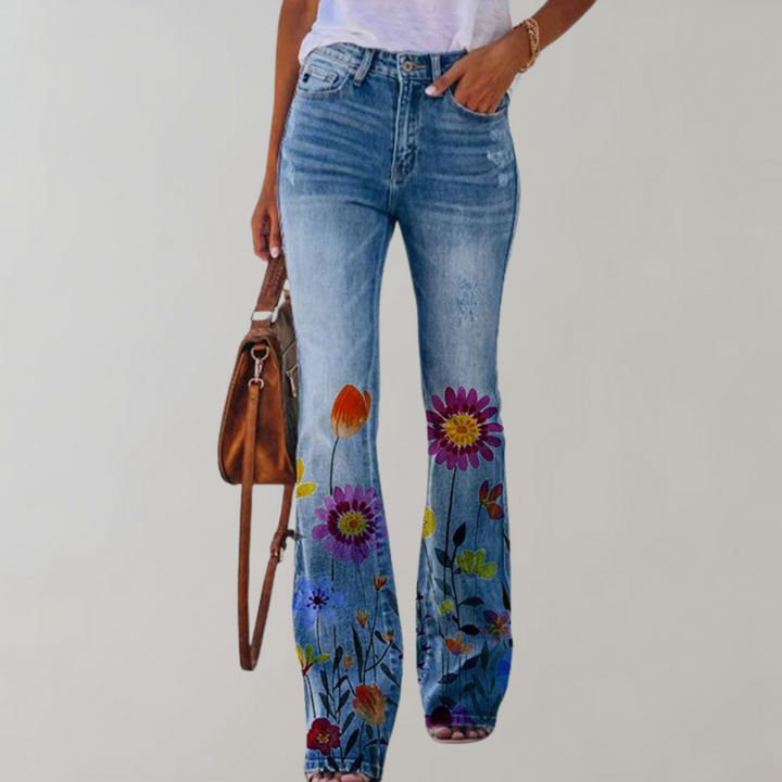 Wilanie | Women's Denim Flared Pants with Floral Design