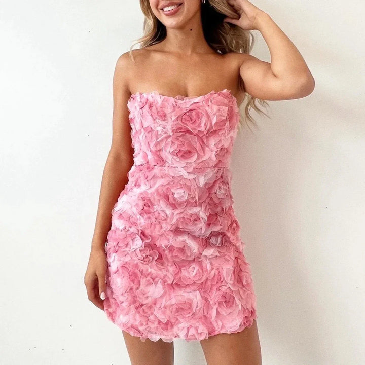 Islaine | Women’s Elegant Strapless Mini Dress with 3D Floral