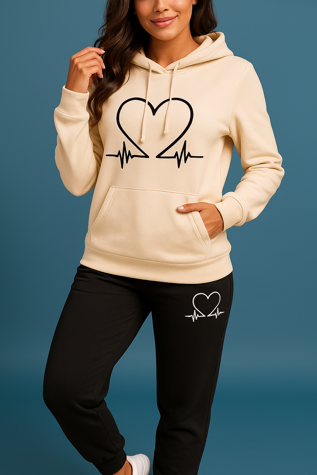 Ava | Women’s Heartbeat Print Two Piece Set with Hooded Sweater and Jogger Pants