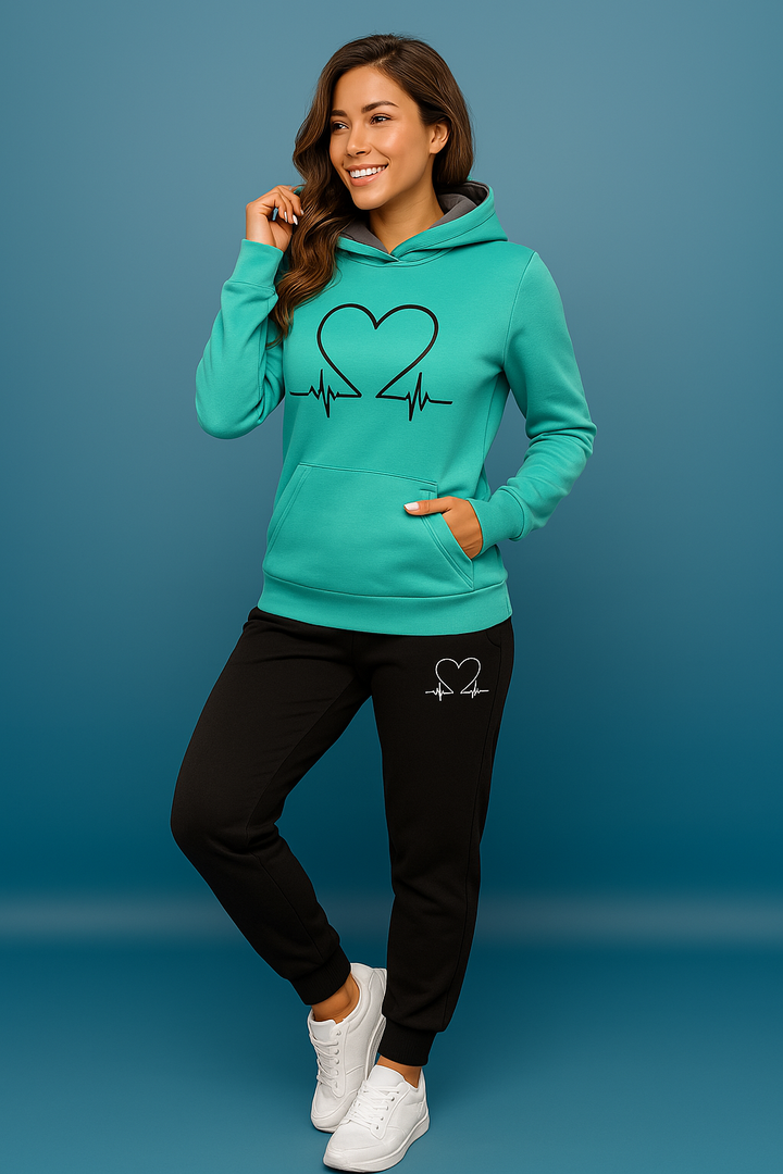 Ava | Women’s Heartbeat Print Two Piece Set with Hooded Sweater and Jogger Pants