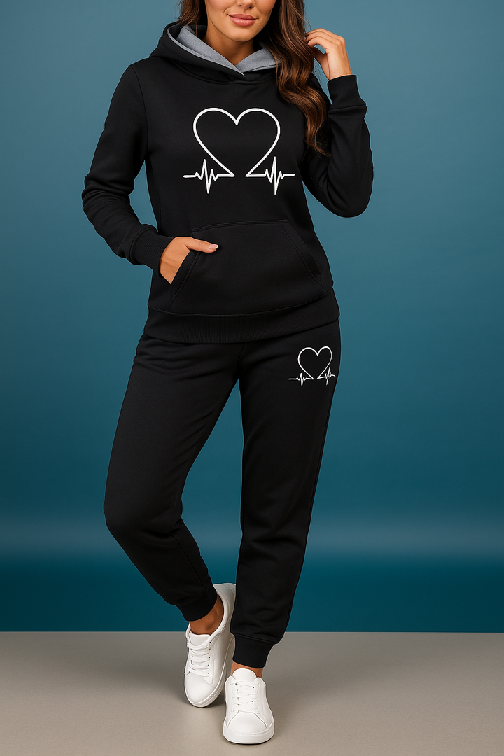 Ava | Women’s Heartbeat Print Two Piece Set with Hooded Sweater and Jogger Pants