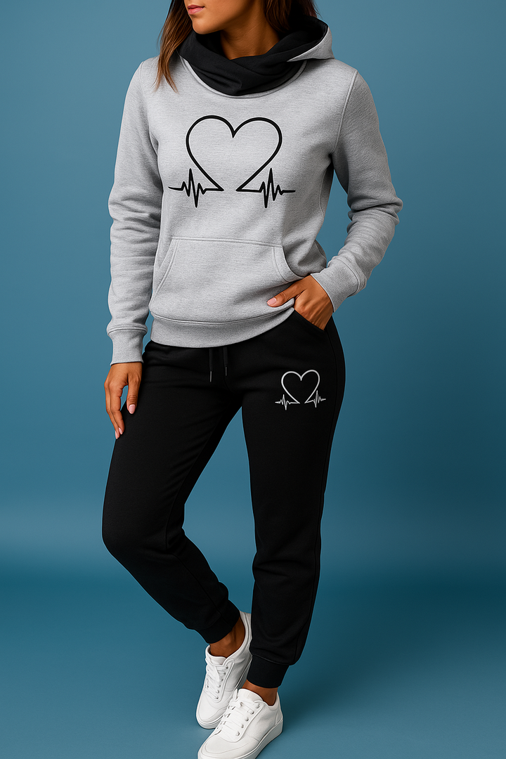 Ava | Women’s Heartbeat Print Two Piece Set with Hooded Sweater and Jogger Pants