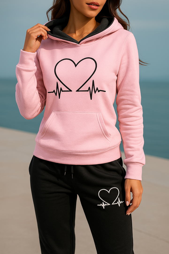 Ava | Women’s Heartbeat Print Two Piece Set with Hooded Sweater and Jogger Pants