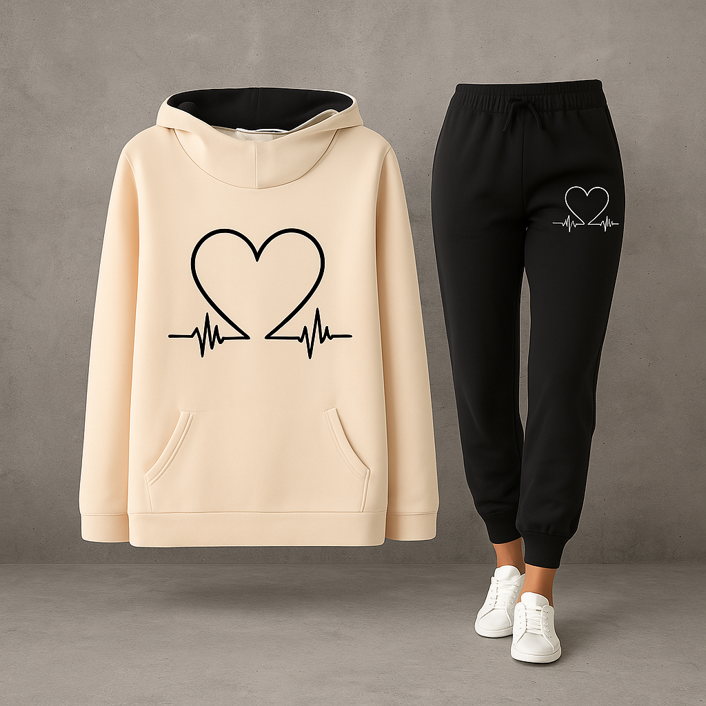 Ava | Women’s Heartbeat Print Two Piece Set with Hooded Sweater and Jogger Pants