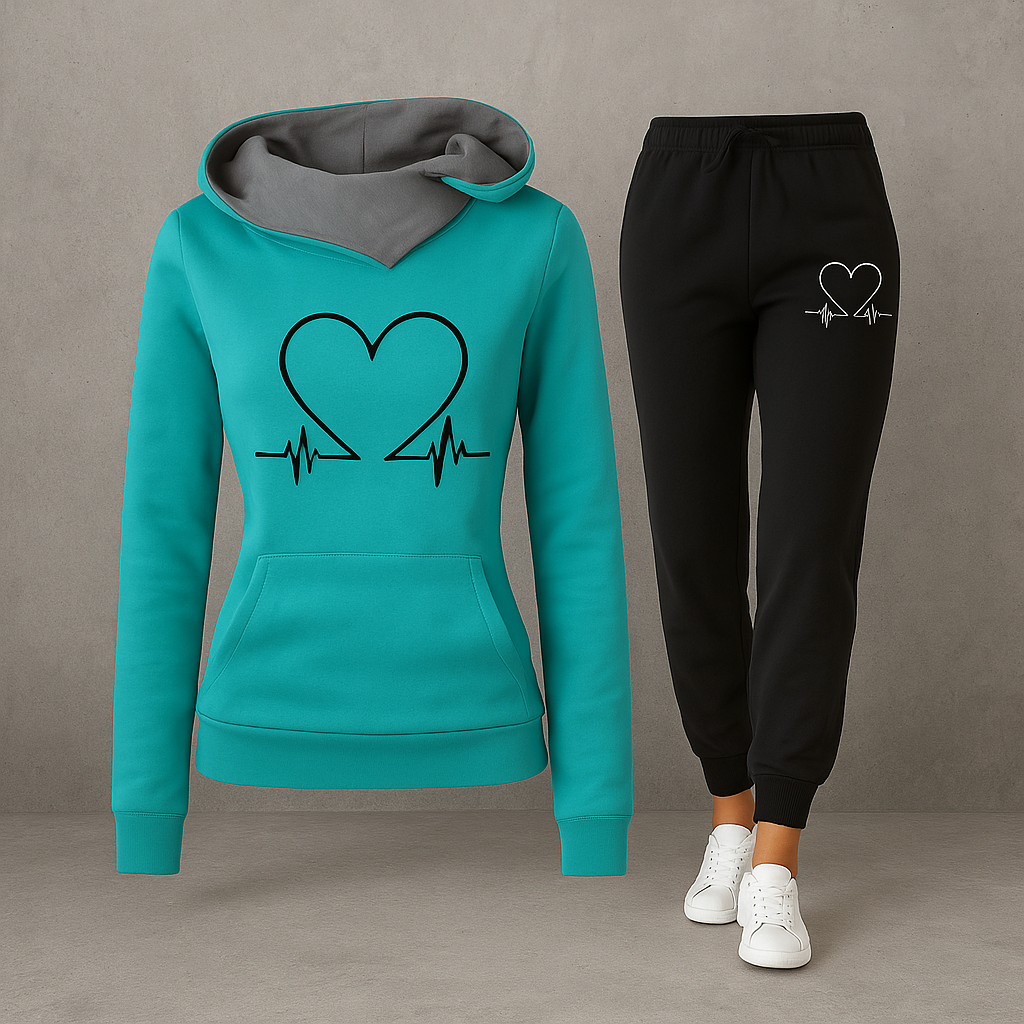 Ava | Women’s Heartbeat Print Two Piece Set with Hooded Sweater and Jogger Pants