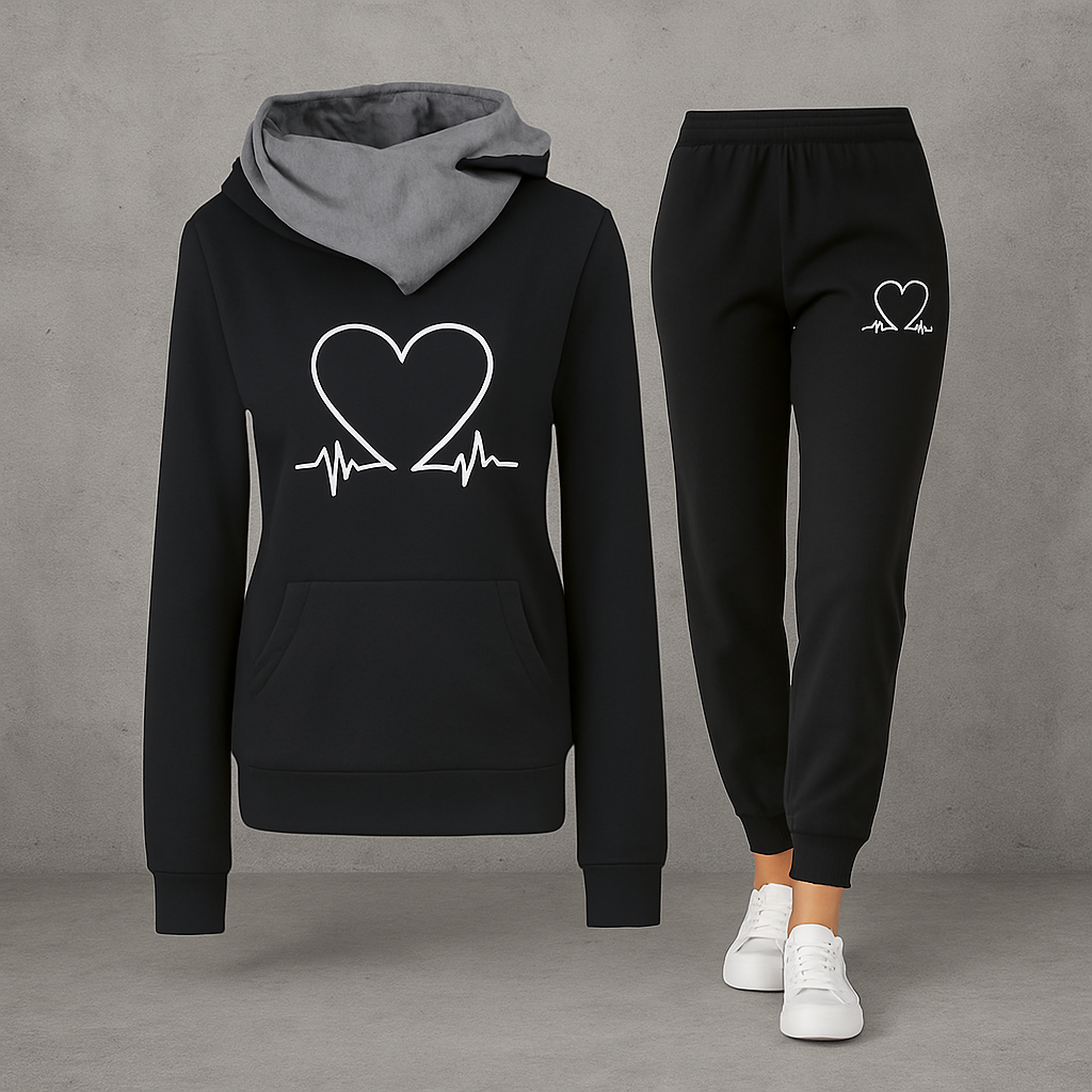 Ava | Women’s Heartbeat Print Two Piece Set with Hooded Sweater and Jogger Pants