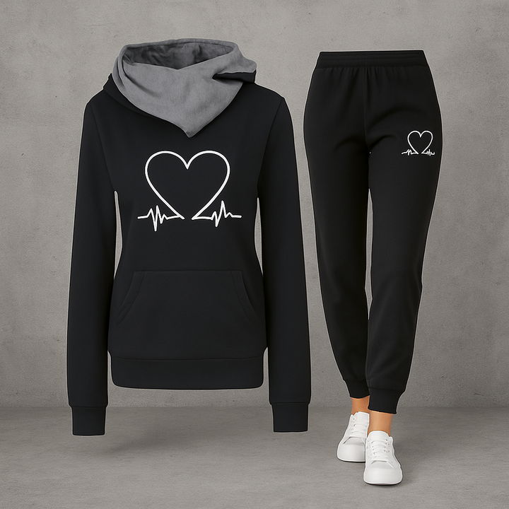 Ava | Women’s Heartbeat Print Two Piece Set with Hooded Sweater and Jogger Pants