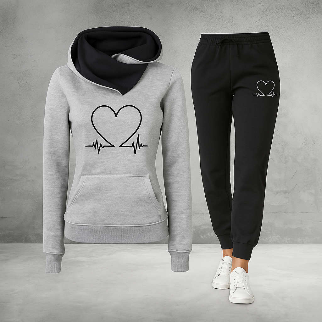 Ava | Women’s Heartbeat Print Two Piece Set with Hooded Sweater and Jogger Pants
