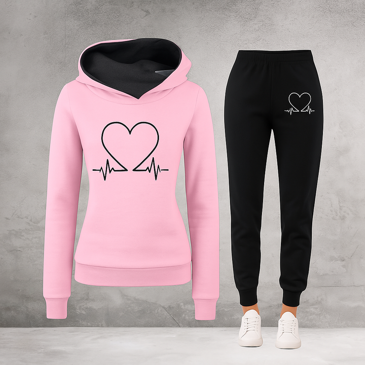 Ava | Women’s Heartbeat Print Two Piece Set with Hooded Sweater and Jogger Pants