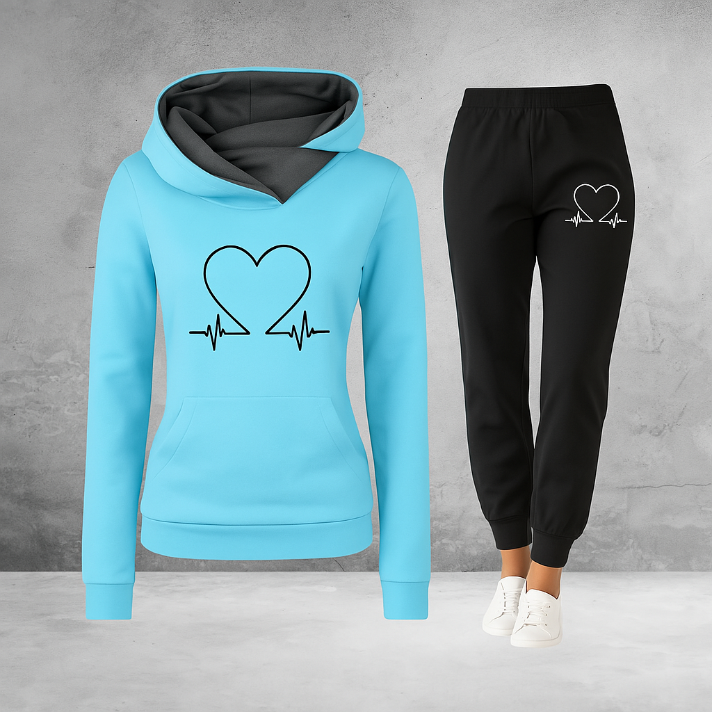 Ava | Women’s Heartbeat Print Two Piece Set with Hooded Sweater and Jogger Pants