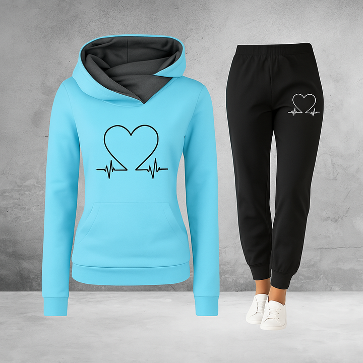 Ava | Women’s Heartbeat Print Two Piece Set with Hooded Sweater and Jogger Pants
